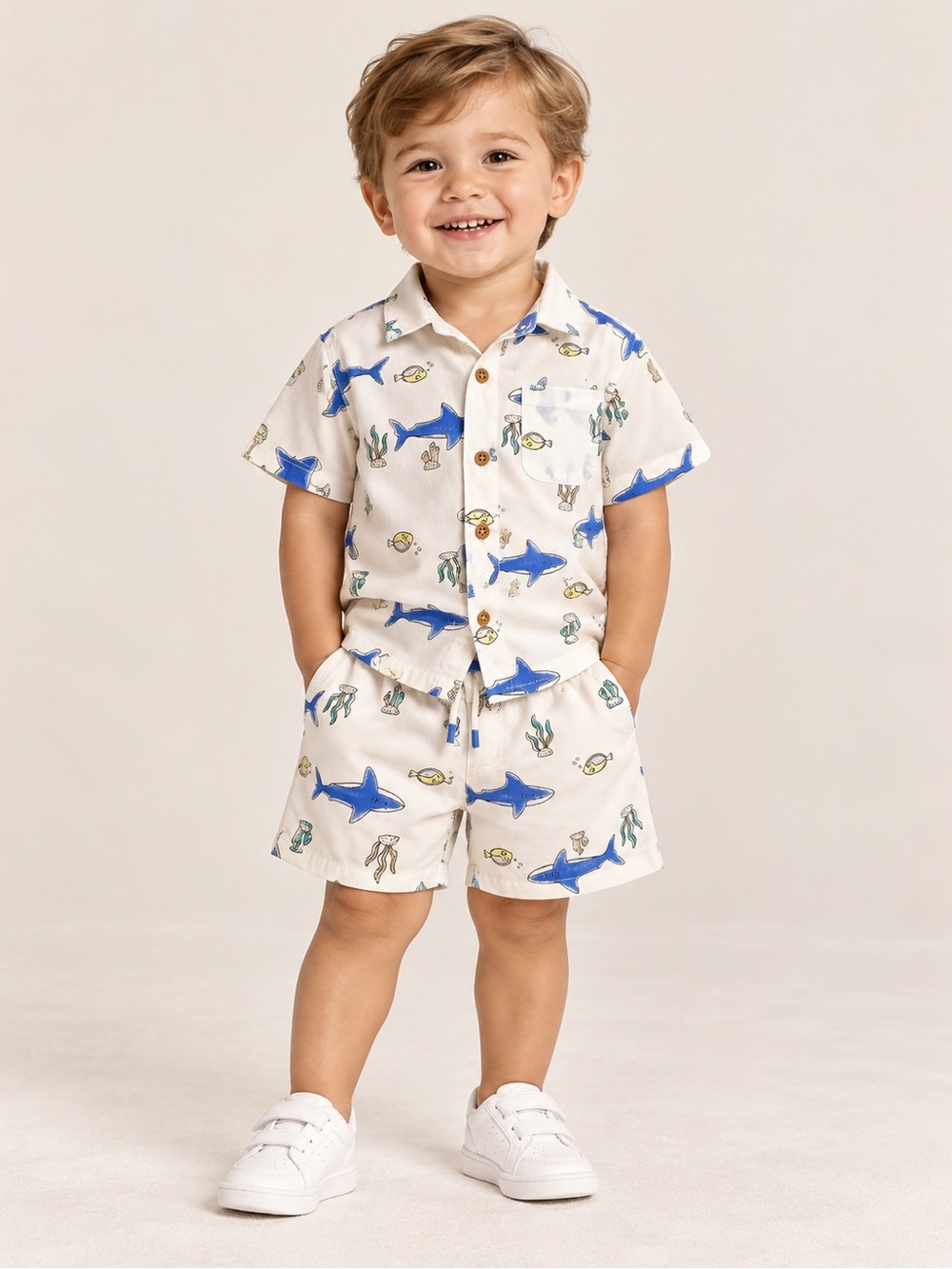 Carter’s 24M Shark & Ocean Print Button-Up Shirt & Shorts 2-Piece Set